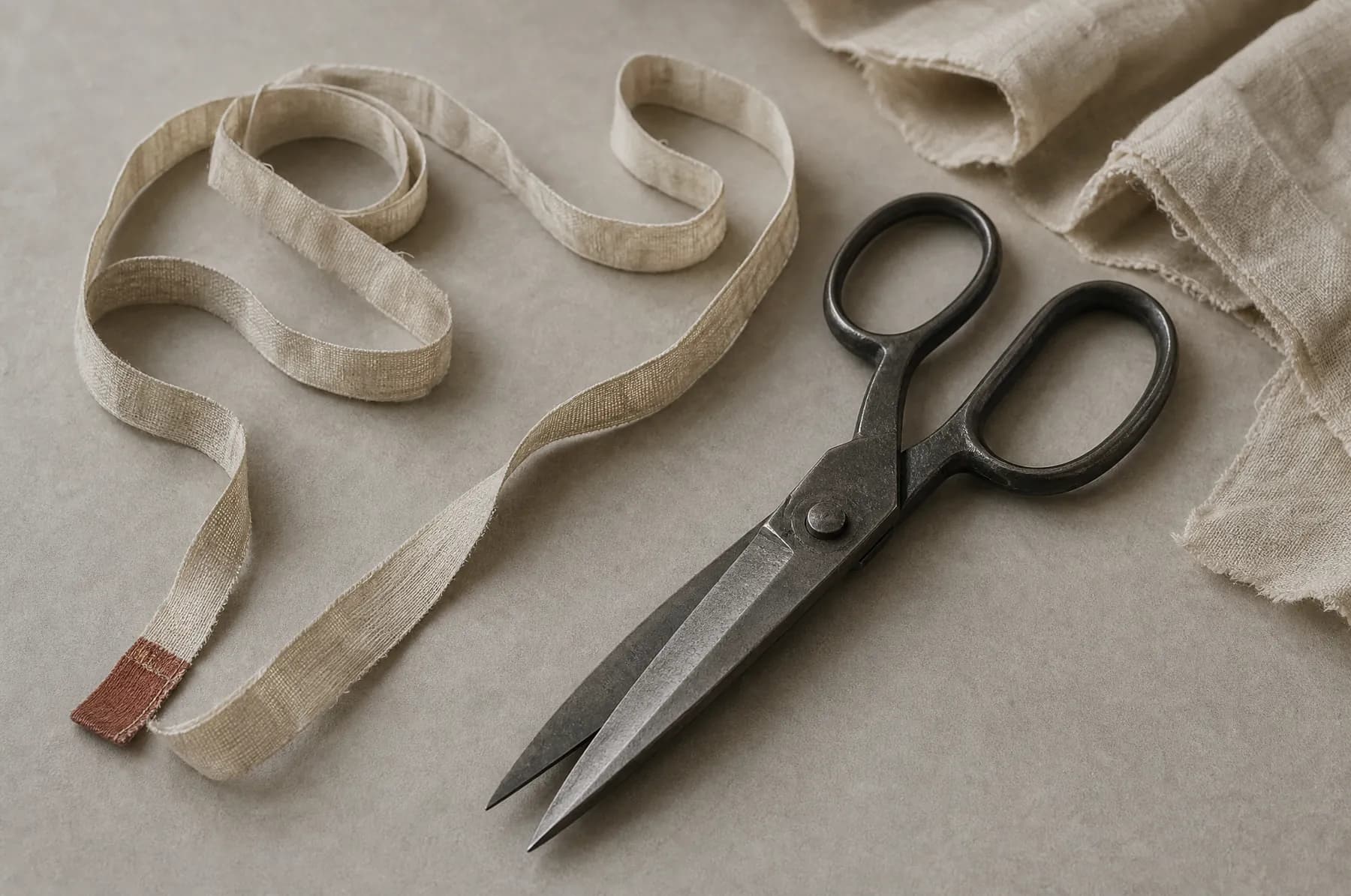 Steel tailor's shears and a cloth tape measure laid out on a pale paper ground.