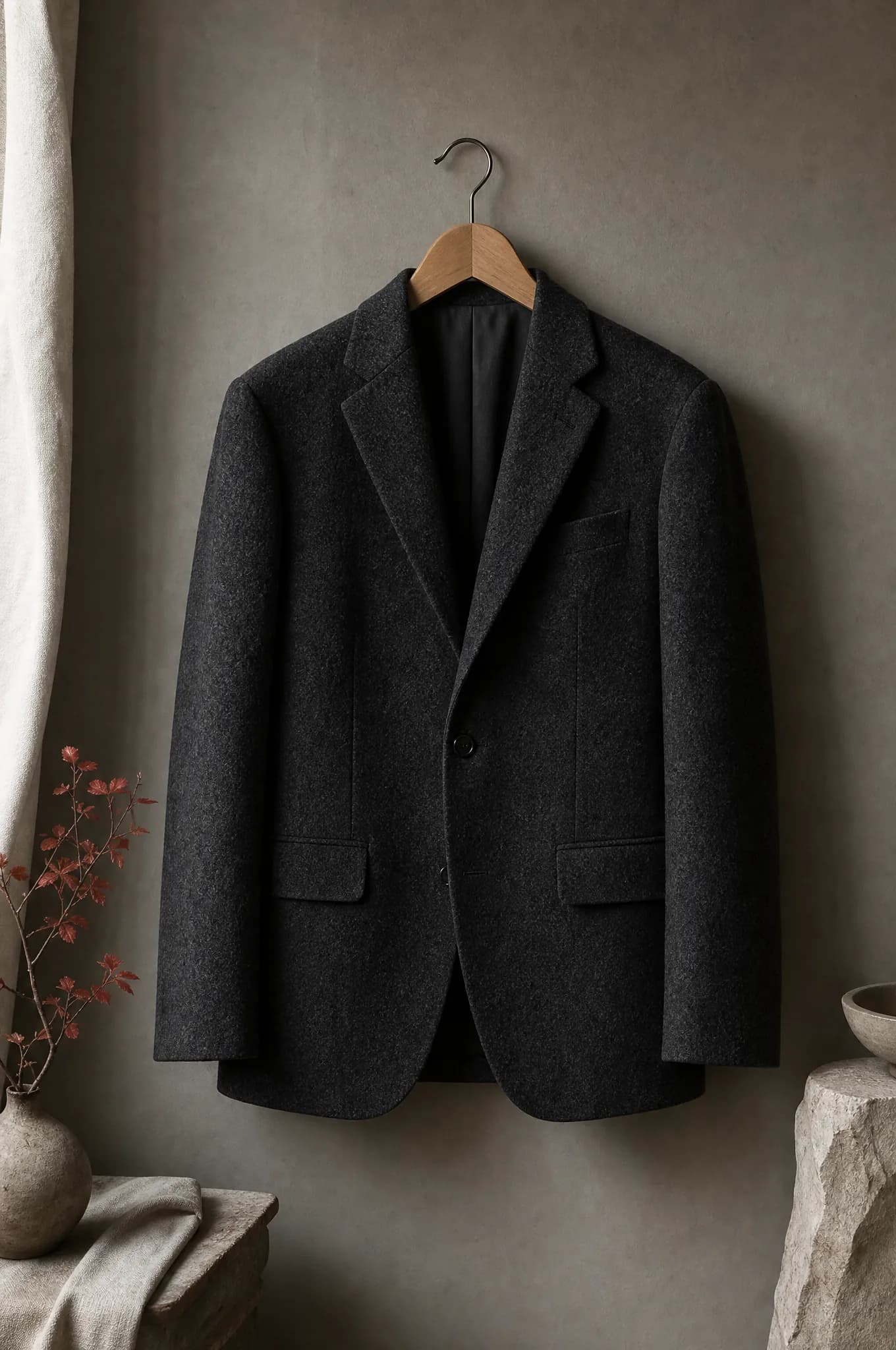 A charcoal wool blazer on a wooden hanger against a pale paper wall.