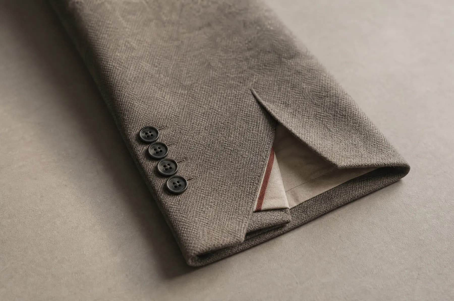 A wool jacket cuff and vent laid flat on a pale paper ground, four buttons in a row.